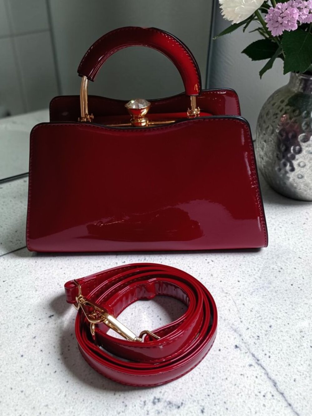 Cherry Red Patent-Style Kiss-Lock Frame Handbag Crossbody Y2K Retro